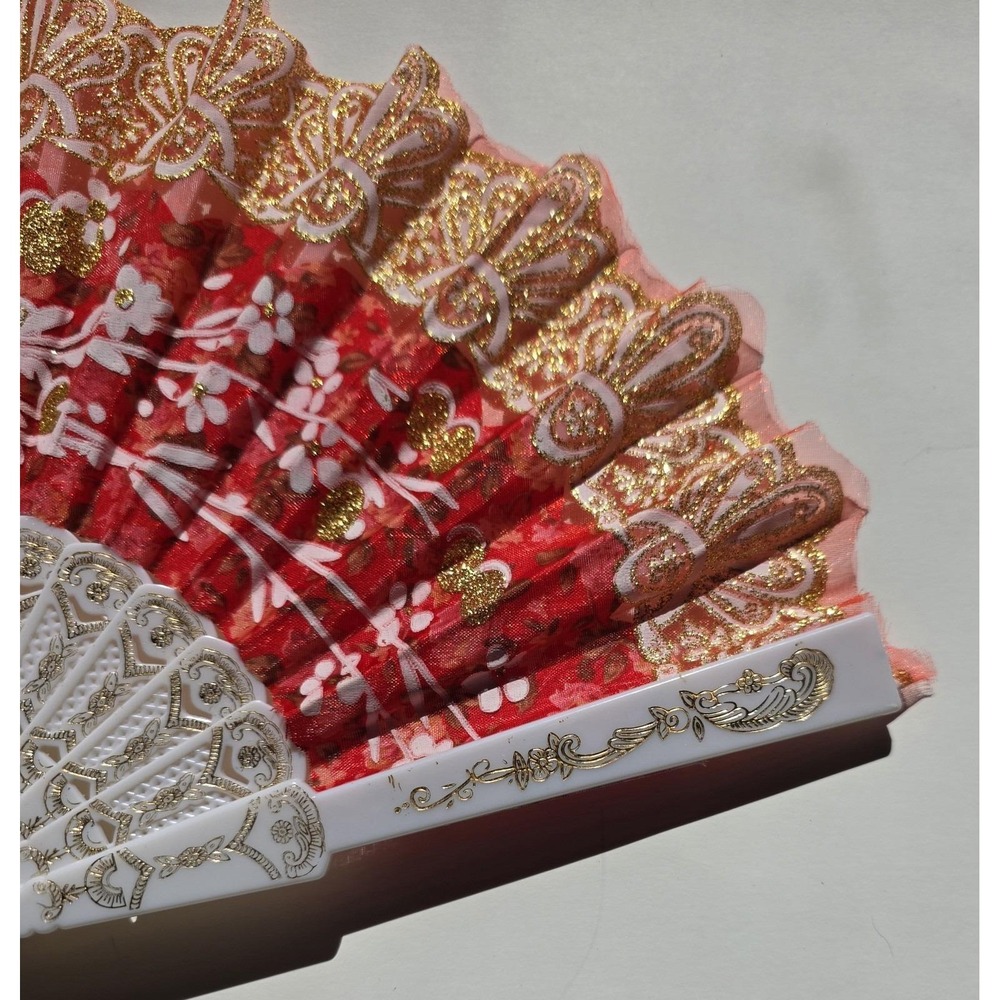 Vintage Floral Folding Hand Fan Pink Red Gold Lace Trim Decorative Asian... - Picture 2 of 6